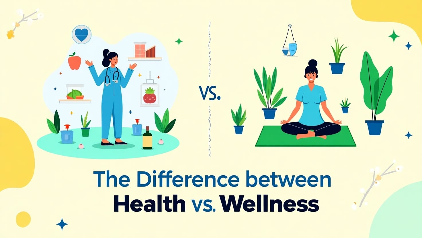 difference between health and wellness – physical health vs mental and emotional wellness.